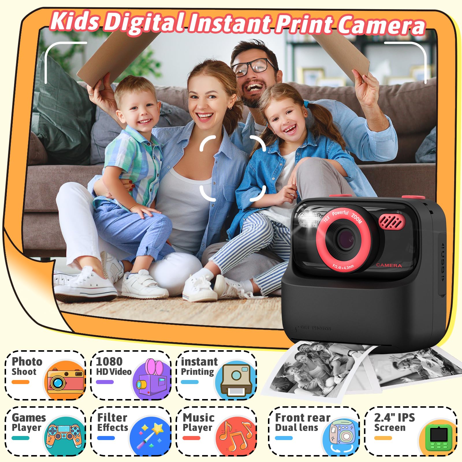 Kids Instant Digital Cameras for Boys and Girls, 1080P HD Dual-Lens Selfie Digital Camera with Print Paper & 32G Card, Christmas Birthday Gifts Toys for Toddler and Teenagers Age 3-16 Years Old