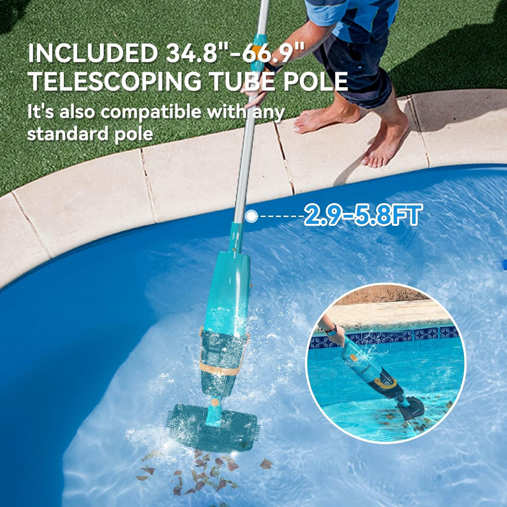 LVKE L2 Cordless Handheld Pool Vacuum for Above Ground Pool with Telescopic Pole, Strong Suction Power, Ideal for Deep Pool Cleaning, Blue