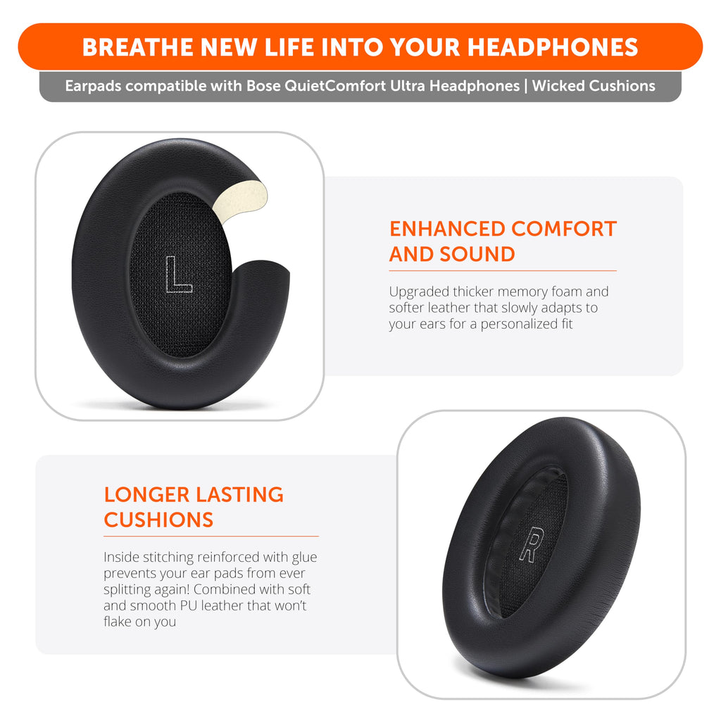WC PadZ QC Ultra – Upgraded Replacement Earpads Compatible with Bose QuietComfort Ultra Gen 1 & Gen 2 by Wicked Cushions | Enhanced Comfort, Thickness & Durability | 90's Black