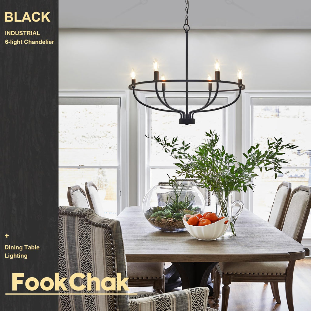Black Chandelier 6-Light Dining Room Chandelier Kitchen Chandeliers Over Table Round Living Room Chandelier Light Fixture for Bedroom, Kitchen, Foyer