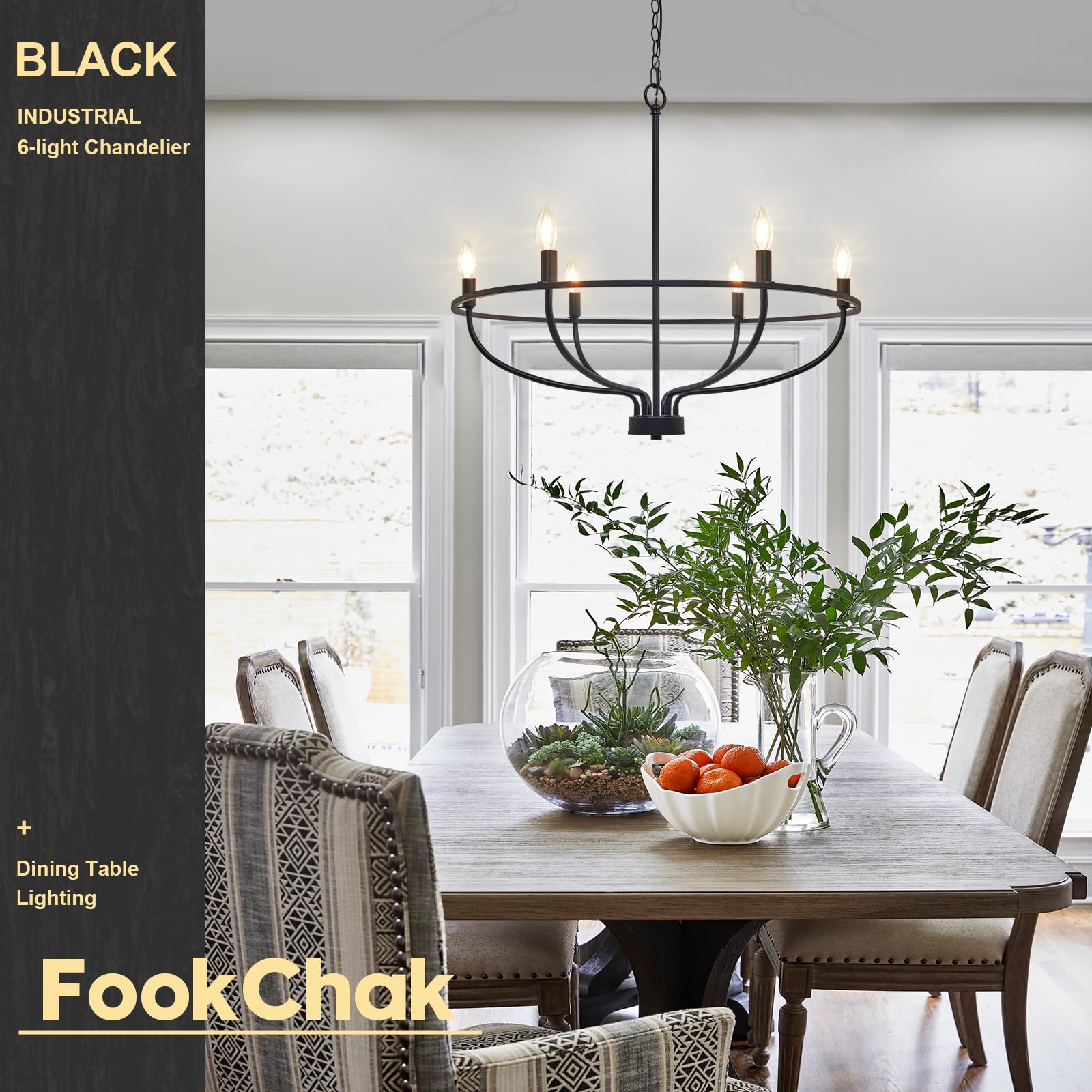 Black Chandelier 6-Light Dining Room Chandelier Kitchen Chandeliers Over Table Round Living Room Chandelier Light Fixture for Bedroom, Kitchen, Foyer