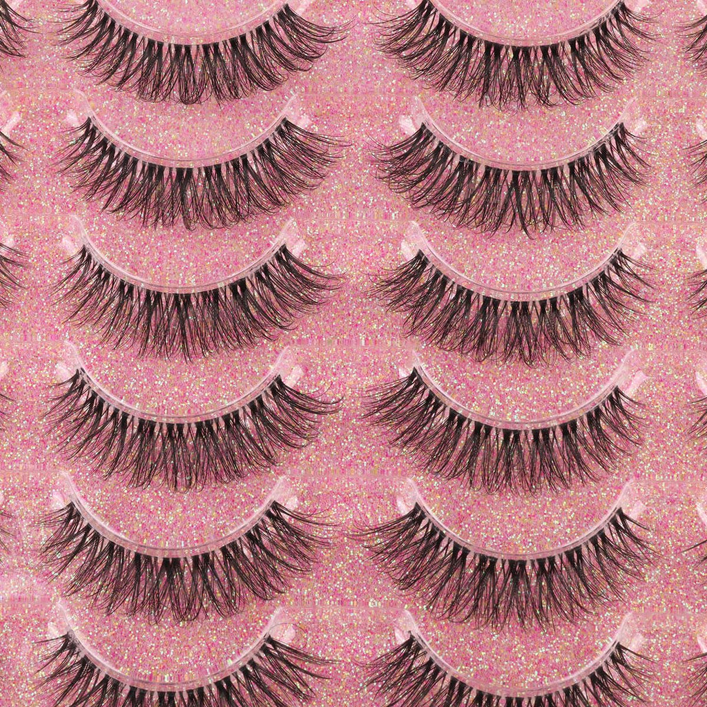 False Lashes Natural Look Wispy Eyelashes Manga Korean Spiky 16mm Short Faux Mink Eyelashes Cat Eye Natural Fake Eyelashes Strip Lashes Pack 14 Pairs