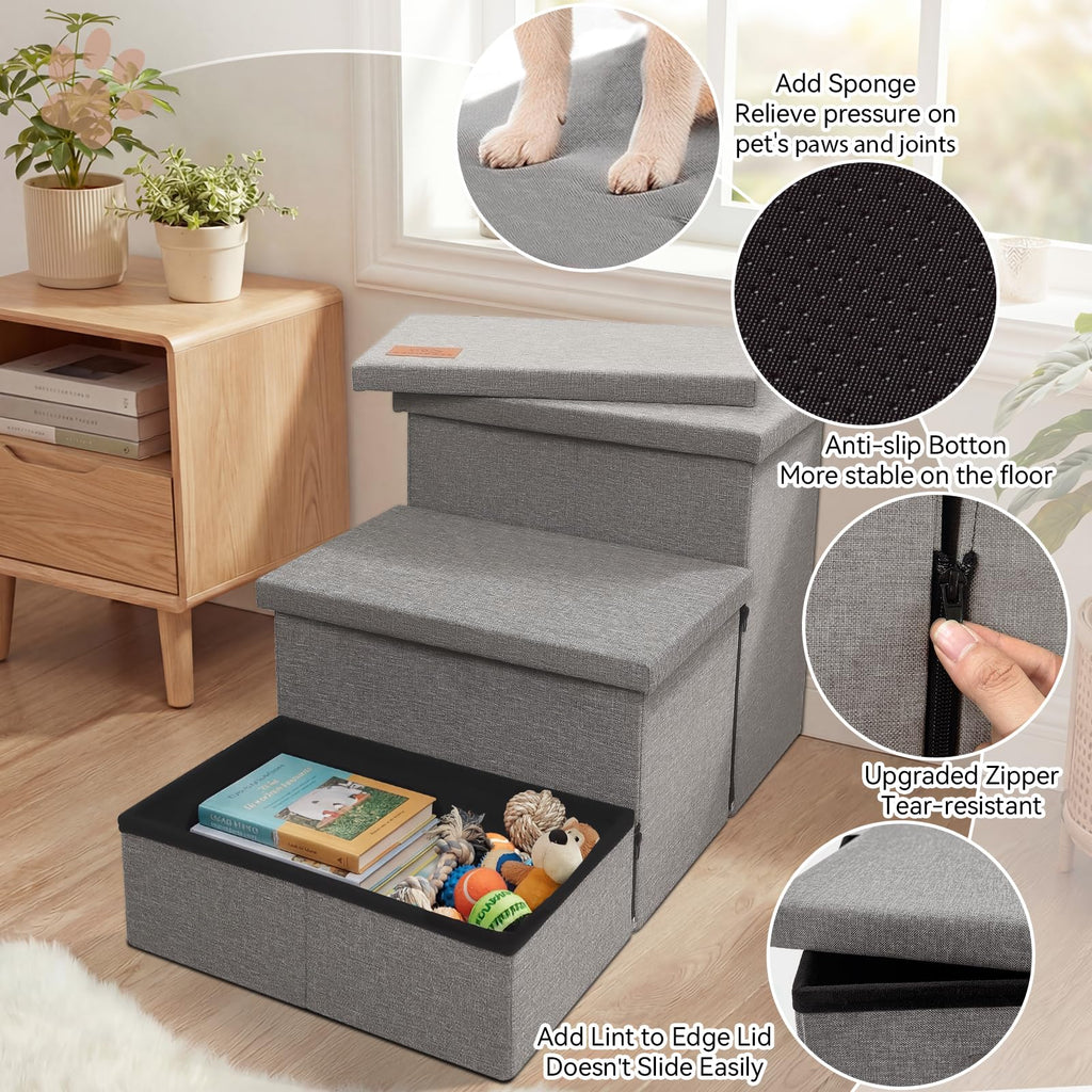 Zerbuger Dog Stairs with Condo 15" H, 2-Step Wider Dog Steps for Small/Medium/Large Old Dogs Cats, Folding Sturdy Storage Pet Stairs Climbing Bed Couch, Ramp for Car Hold Up to 150 lbs, Beige