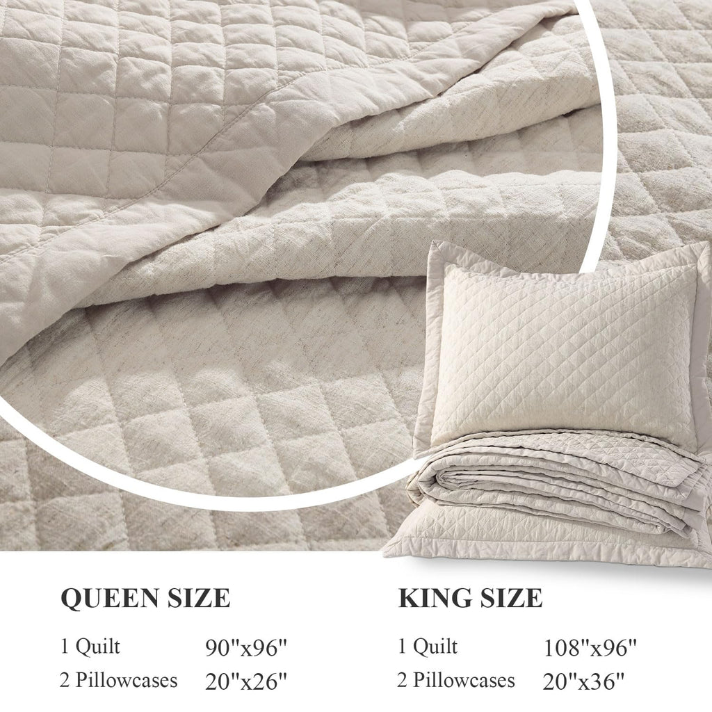 Grassix Linen Quilt Set Queen Size 3-Piece, 100% Linen Front & Cotton Back, Prewashed Diamond Stitch Bedspread with 2 Shams, Lightweight Breathable Quilt for Hot Sleepers, Modern Farmhouse Bedding