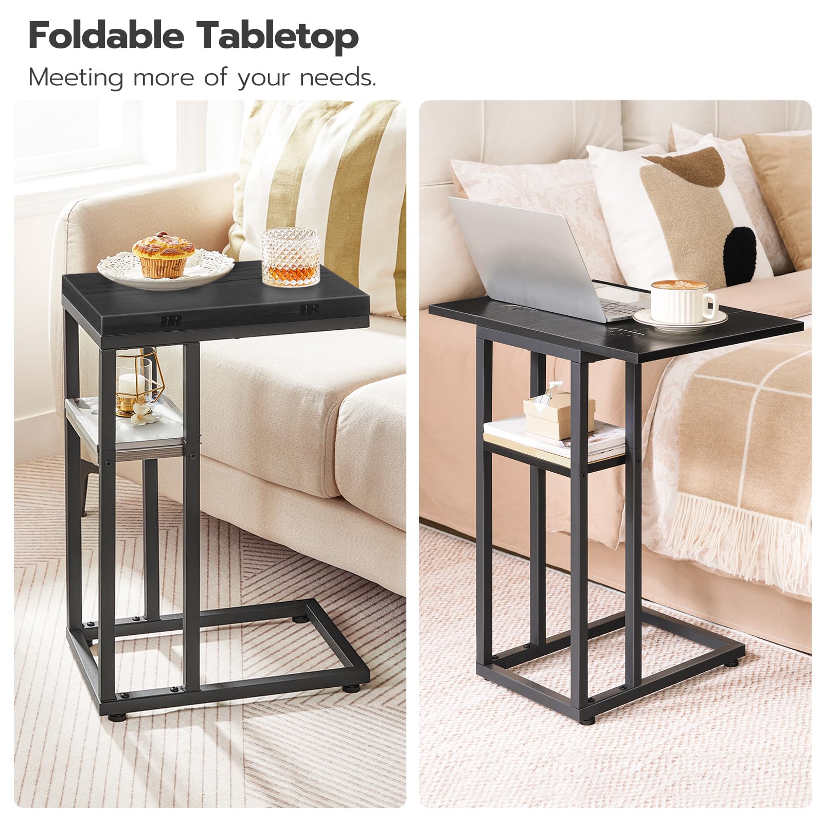 HOOBRO Foldable C Shaped End Table, C Shaped Side Table with Storage Shelf, Small Snack Table, Slide Under Couch Table for Sofa, Living Room Bedroom Small Spaces Easy Assembly, Black BK29SF01