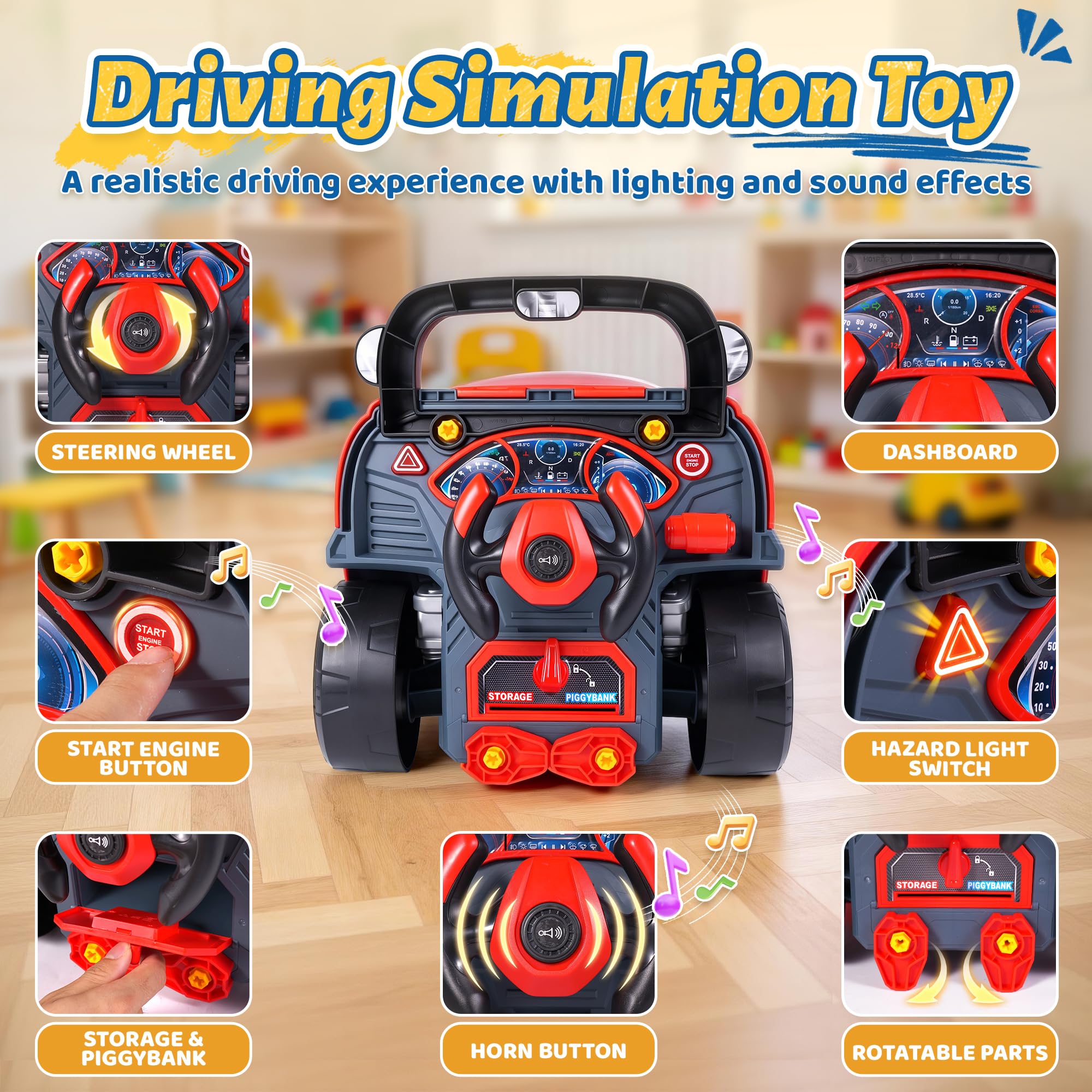 POFJOEQ Interactive Truck Engine Toy with Removable Parts - Lights, Sounds, and Fun for Young Mechanics -Unleash Their Creativity and Motor Skills with This Truck Engine Toy (Bule)