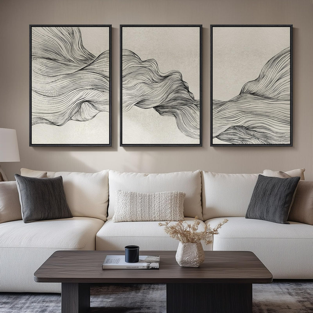 Framed Black and White Modern Abstract Wall Art, 3 Piece Canvas Prints Paintings Artwork for Walls, Minimalist Black White Grey Pictures for Living Room Dining Room Bedroom Office Wall Decor 16x24 In