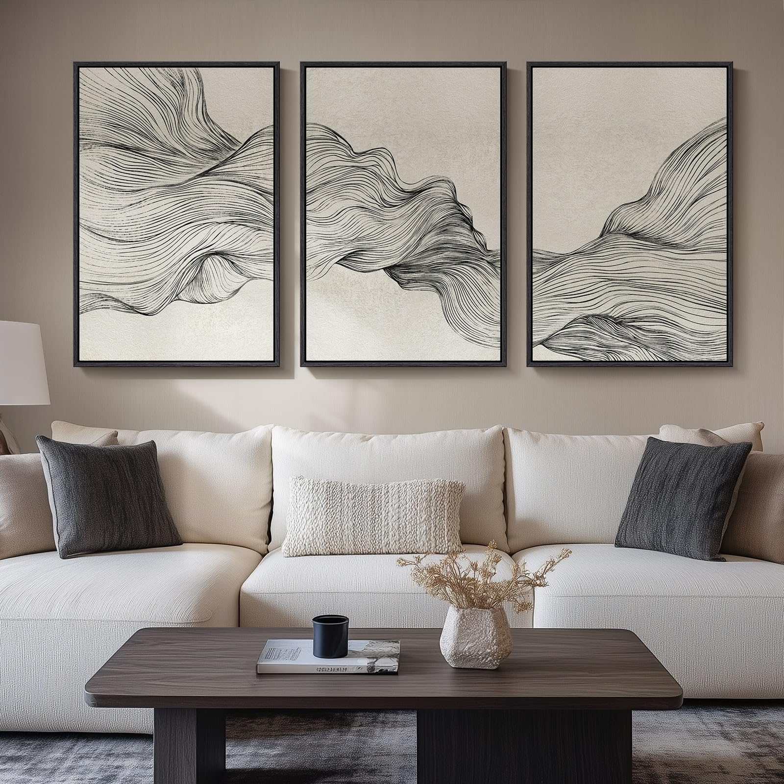 Framed Black and White Modern Abstract Wall Art, 3 Piece Canvas Prints Paintings Artwork for Walls, Minimalist Black White Grey Pictures for Living Room Dining Room Bedroom Office Wall Decor 16x24 In