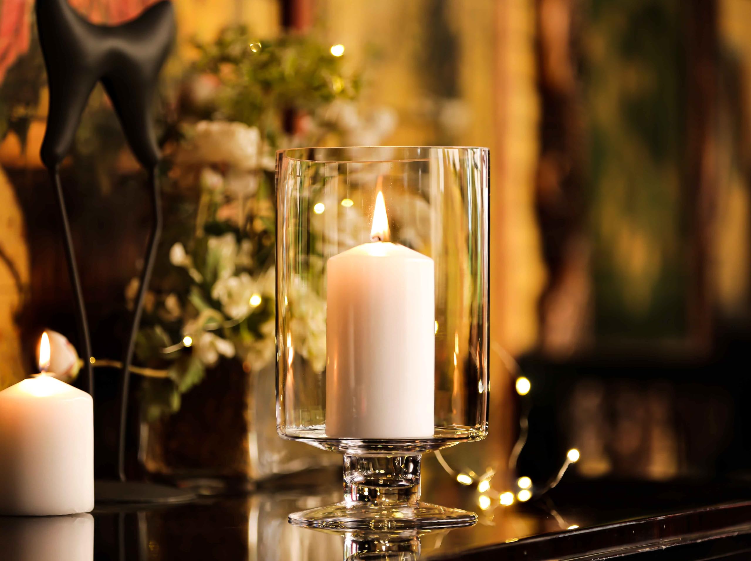 CYS EXCEL Glass Hurricane Pillar Candle Holder (H:6" W:3.75") | Multiple Size Choices Short Stem Candle Centerpieces | Stemmed Glass Cylinder Candle Vase