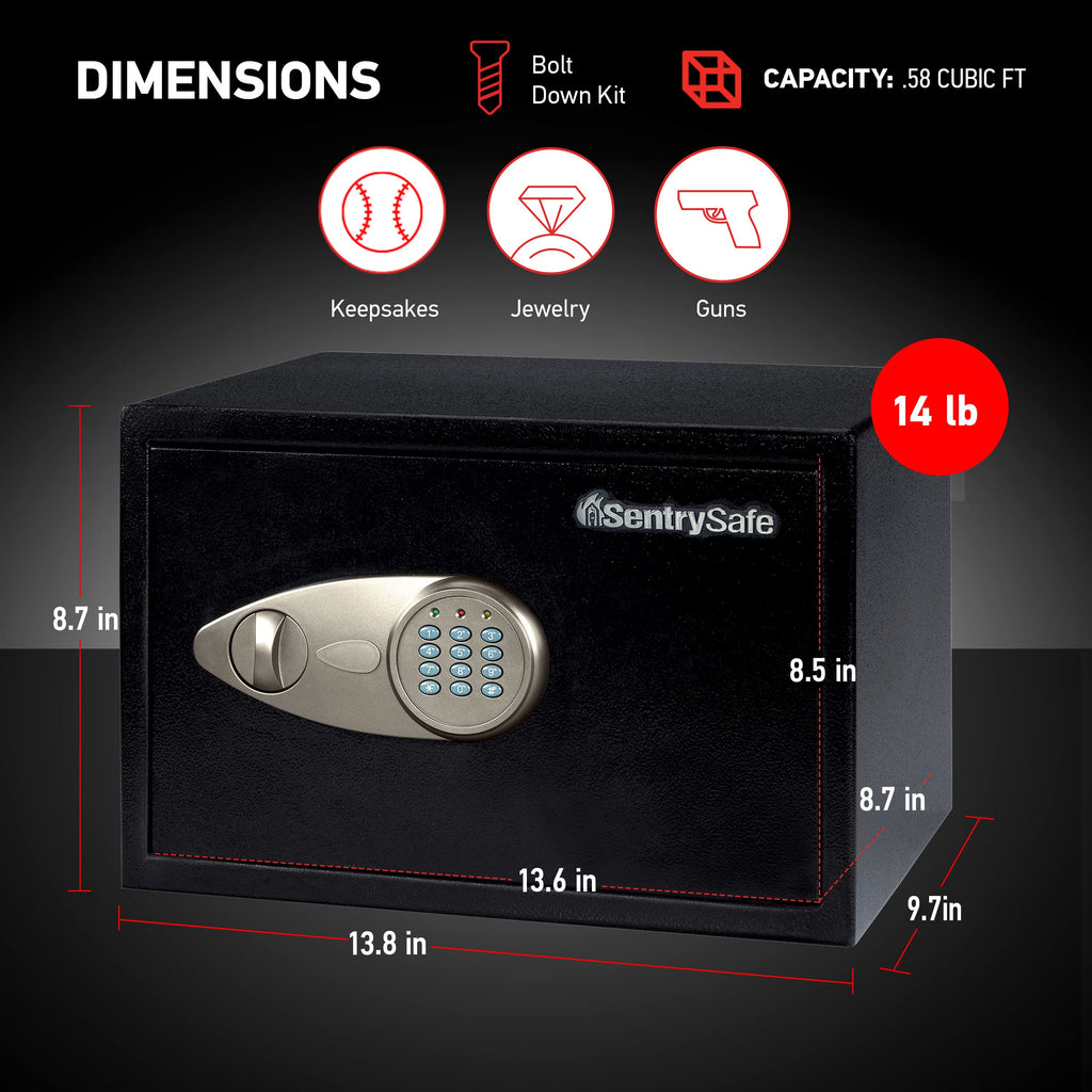 SentrySafe Medium Safe with Digital Keypad, Lock Box with Code has Interior Lining and Bolt Down Kit that Secures Pistol, Money, 0.41 Cubic Feet, 7.6 x 11.4 x 10.4 Inches, X041E