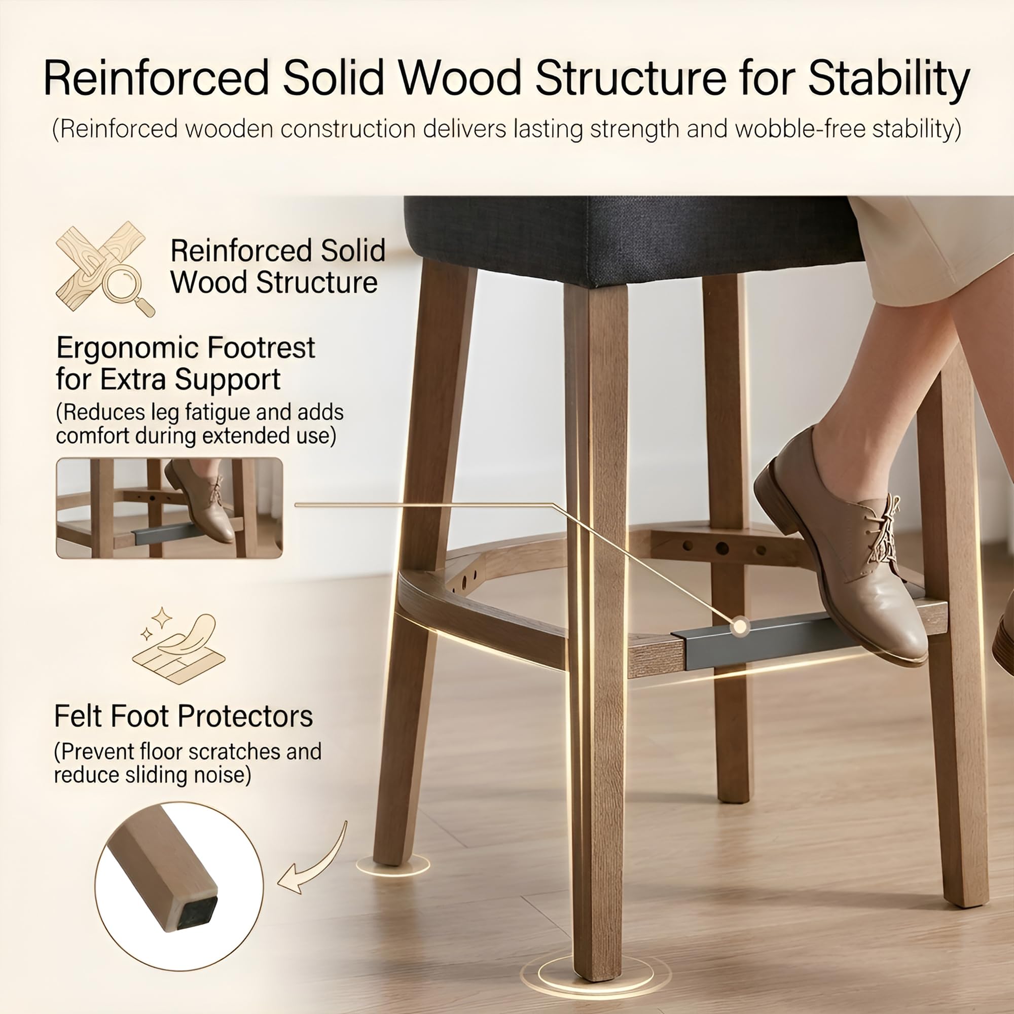 Farmhouse 30'' Extra Tall Bar Stools Set of 2 Modern Counter Height Barstools with Backs Rustic Wood Bar Stools Linen Upholstered Counter Chairs Kitchen Island Stool Chairs with Wood Frame, Beige