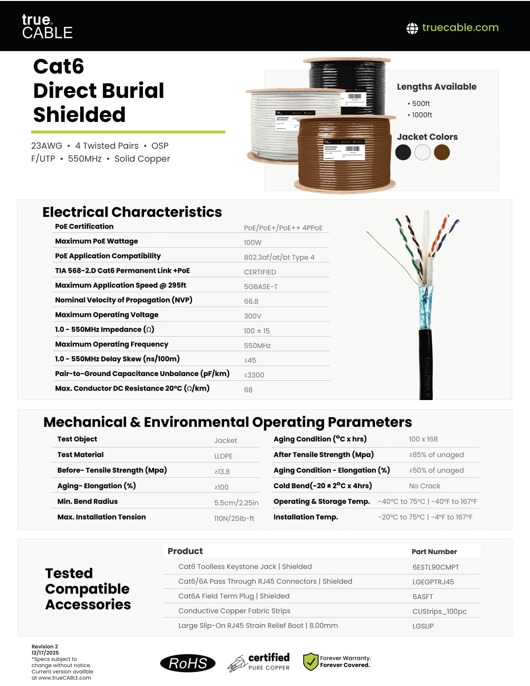 TRUE CABLE Cat6 Direct Burial Outdoor Bulk Ethernet Cable, Shielded F/UTP, 500ft, Brown, 23AWG Solid Bare Copper, Heavy Duty Outdoor, OSP Jacket, Waterproof, UV, 550MHz, PoE++ 100W (4PPoE)