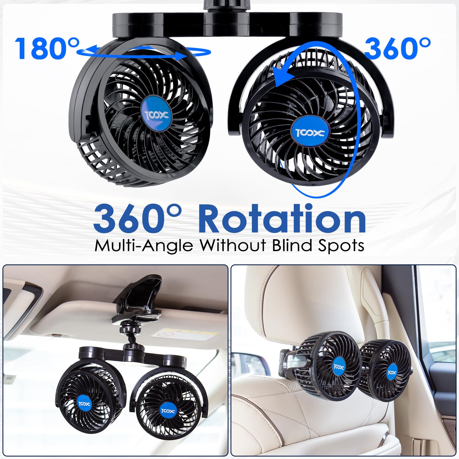 XOOL Clip Car Fan, 9 Inches 12V/24V Fan, 360° Rotatable Electric Cooling Clip on Fan with Stepless Speed Regulation for SUV, RV, Truck