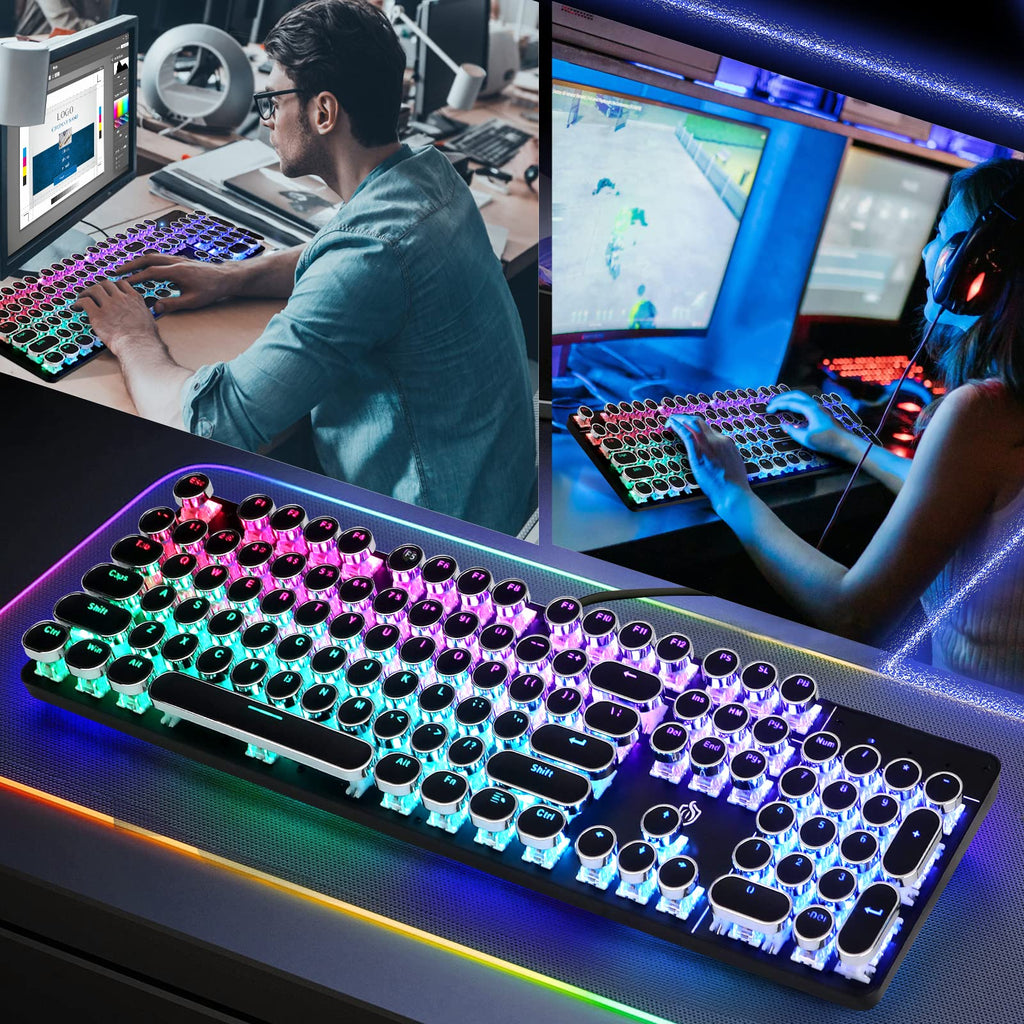 YSCP Typewriter Style Mechanical Gaming Keyboard RGB Backlit Wired with Blue Switch Retro Round Keycap 104 Keys Keyboard (R-Black)