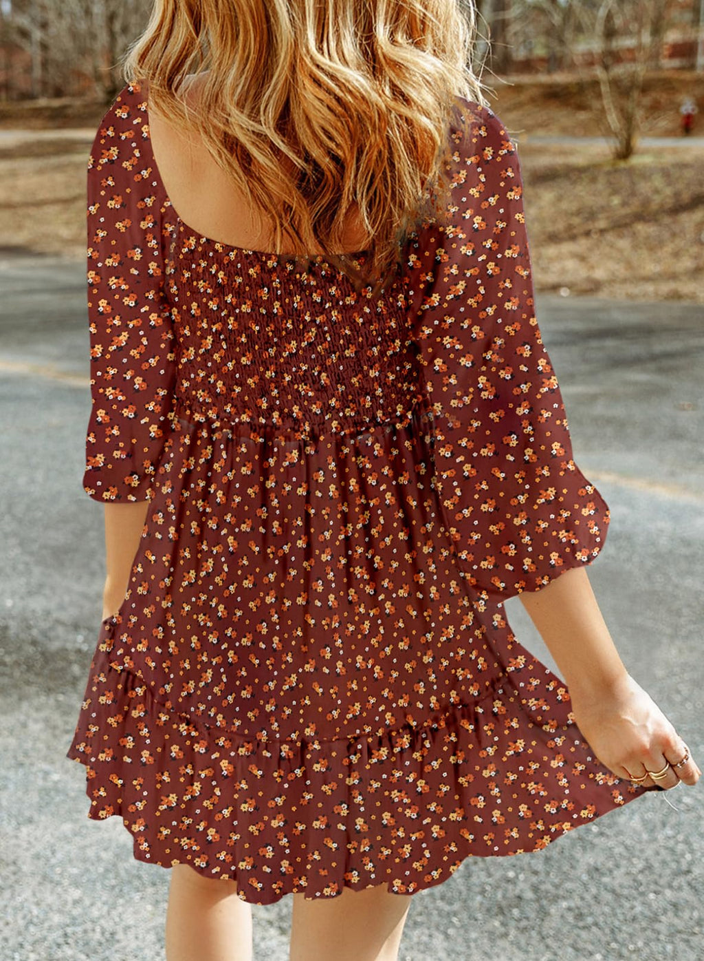 Dokotoo Fall Dresses for Women 2025 Boho Floral Square Neck Smocked 3/4 Sleeve Casual A-Line Swing Mini Dress Sundress