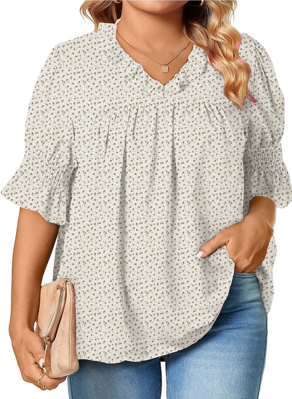 Eytino Plus Size Tops for Women Summer V Neck Short Sleeve Boho Floral Printed Flowy Chiffon Shirts Blouse(1X-5X)