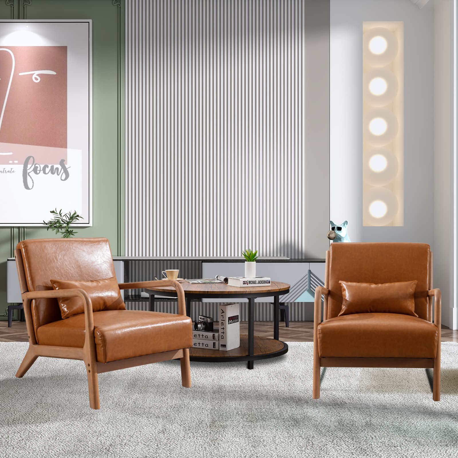 ANJ Mid Century Modern Accent Chair, Comfy Fabric Living Room Chairs with Solid Wood Frame, Lounge Reading Armchair, Easy Assembly, Beige