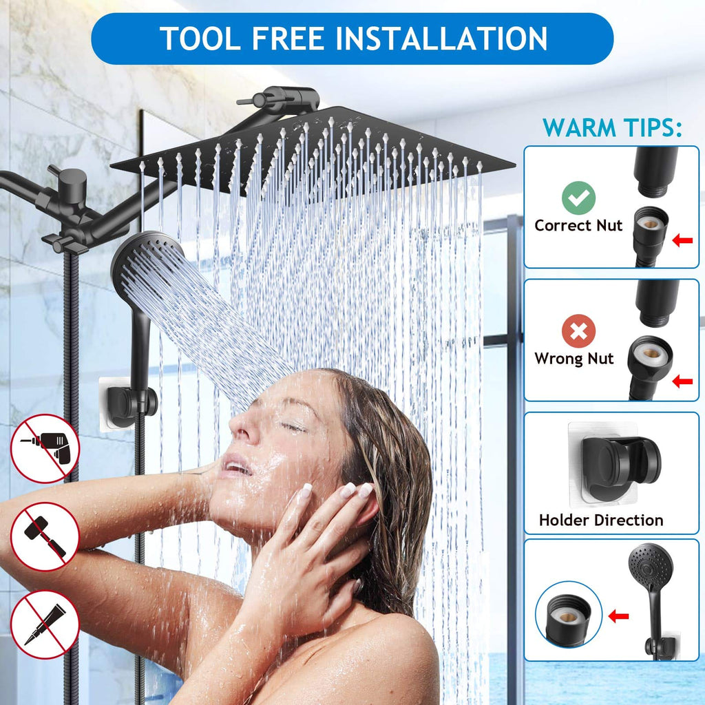 Shower Head Combo(Brushed Nickel),8 Inch High Pressure Rain Shower Head with 11 Inch Adjustable Extension Arm and 5 Settings Handheld Shower Head Combo,Powerful Shower Spray Against Low Pressure Water