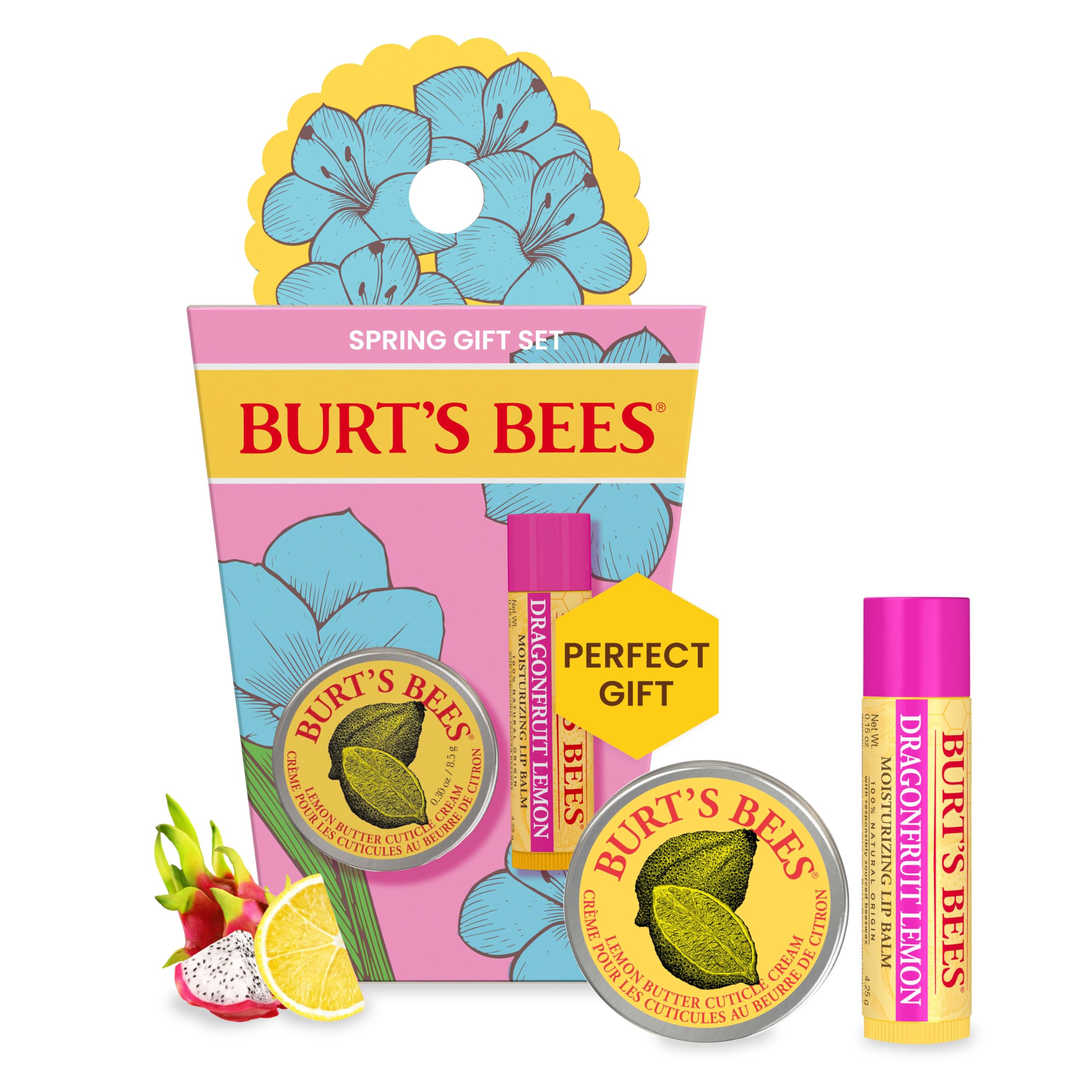 Burt's Bees Gifts Ideas - Spring Surprise Set, Dragonfruit Lemon Lip Balm and Lemon Butter Cuticle Cream, Natural Origin Lip Moisturizer With Responsibly Sourced Beeswax, 2 Count