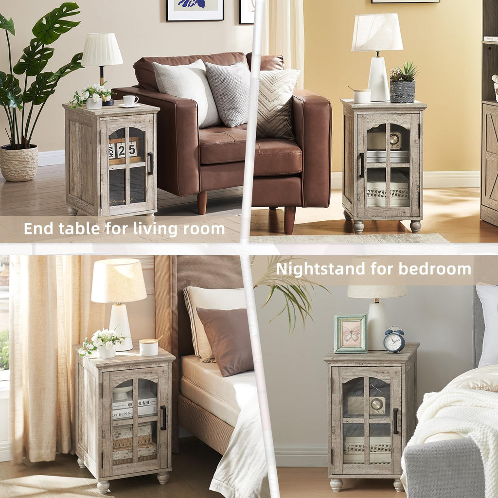 Narrow Side Table,Farmhouse Nightstand with Charging Station,Wood End Table with Glass Barn Door Storage, Cabinet Organizer with Adjustable Shelf, Night Stand for Small Spaces for Living Room Bedroom