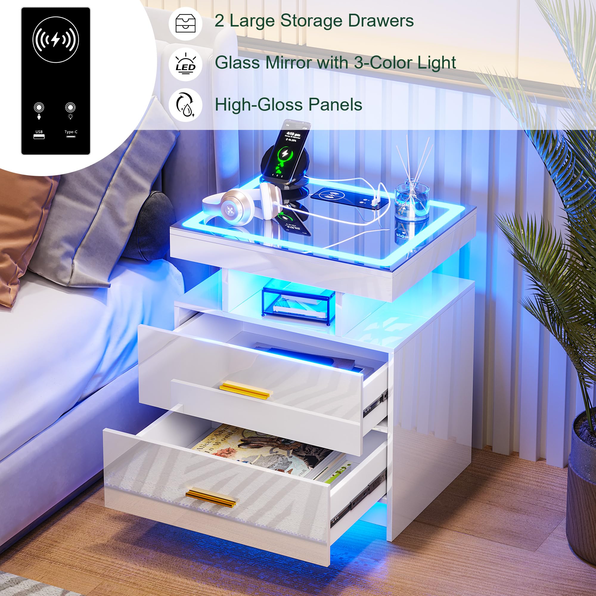 HNEBC LED Nightstand with Charging Station,Smart Bedside Table with Motion Sensor Lights,3 Drawers,Tempered Glass Top,High Gloss End Table with 3 Color Lights for Bedroom, Living Room,Office-Black