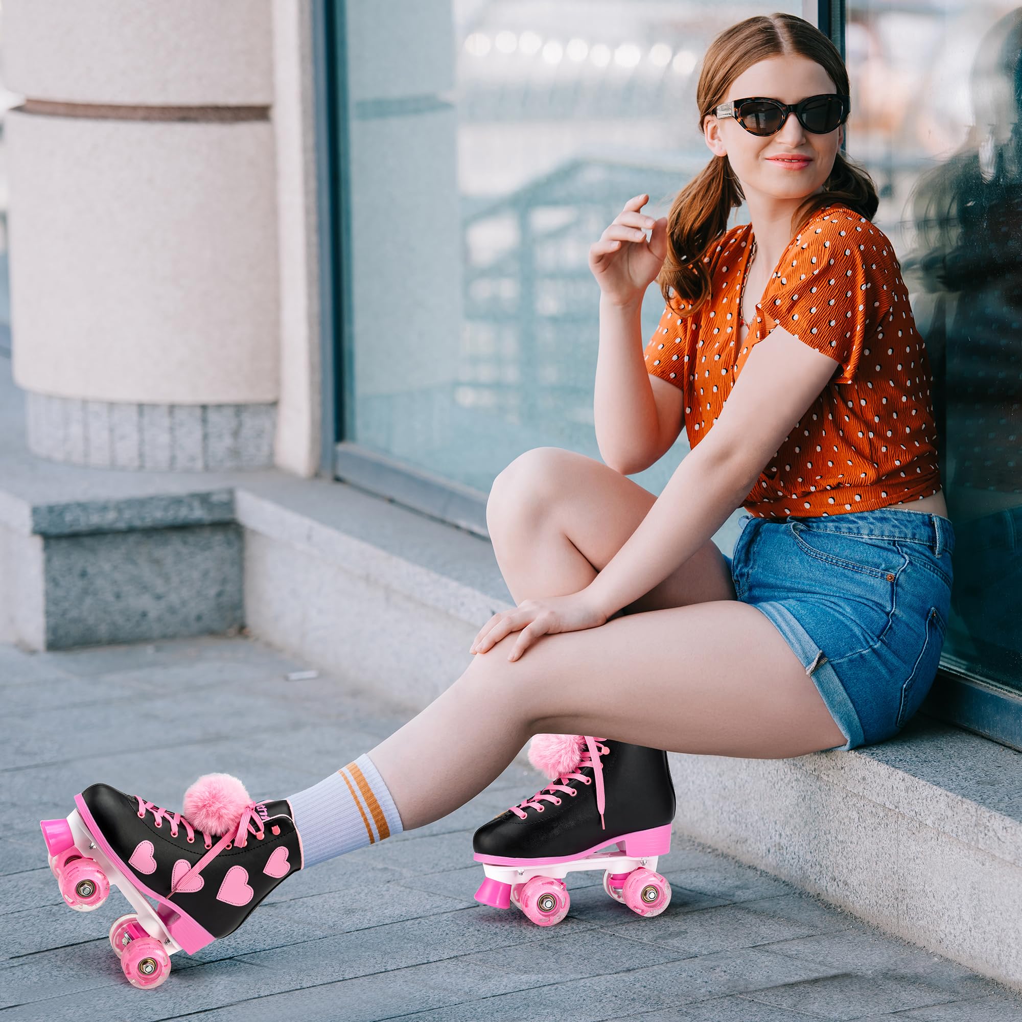 Ruthfot Women's and Girl's Classic Roller Skates with Light up Wheels and Love Heart Pattern, High-top PU Leather Rollerskates…