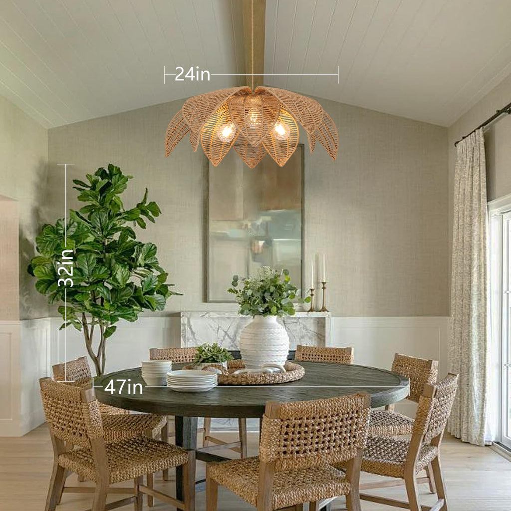 Farmhouse Chandeliers for Dining Room, 3-Light Rattan Boho Chandelier Light Fixture Hand Woven Wicker Pendant Light 24", Coastal Hanging Pendant Light for Kitchen Island Bedroom Living Room