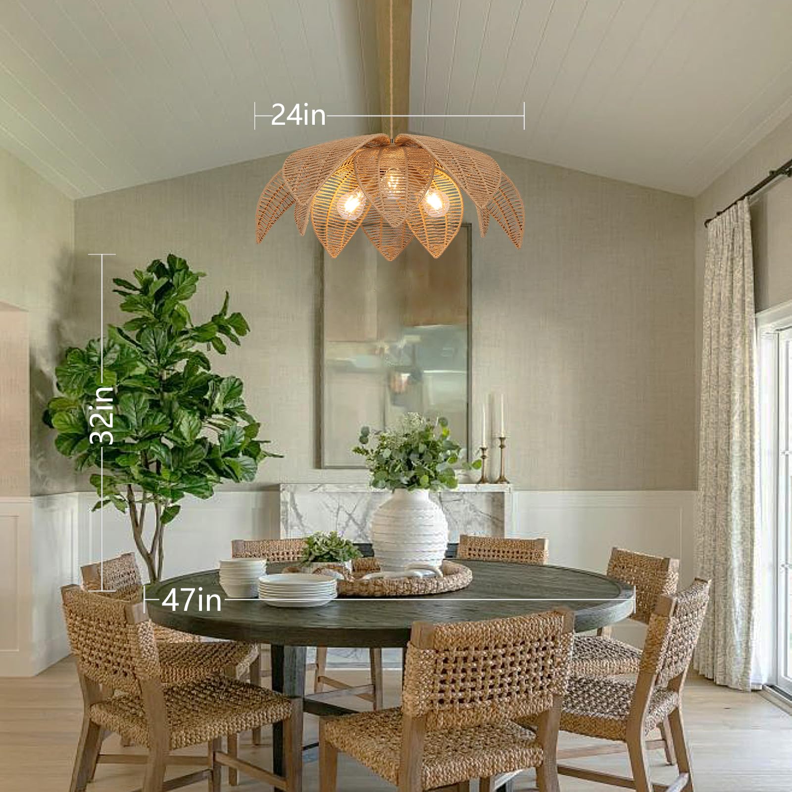 Farmhouse Chandeliers for Dining Room, 3-Light Rattan Boho Chandelier Light Fixture Hand Woven Wicker Pendant Light 24", Coastal Hanging Pendant Light for Kitchen Island Bedroom Living Room