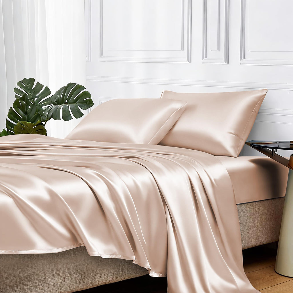 MR&HM Satin Sheets with Elastic Corner Straps, Twin Size 3-Piece Silky Bedding Set, Deep Pocket 15 Inches, Good for Hair & Skin (Twin, Black)