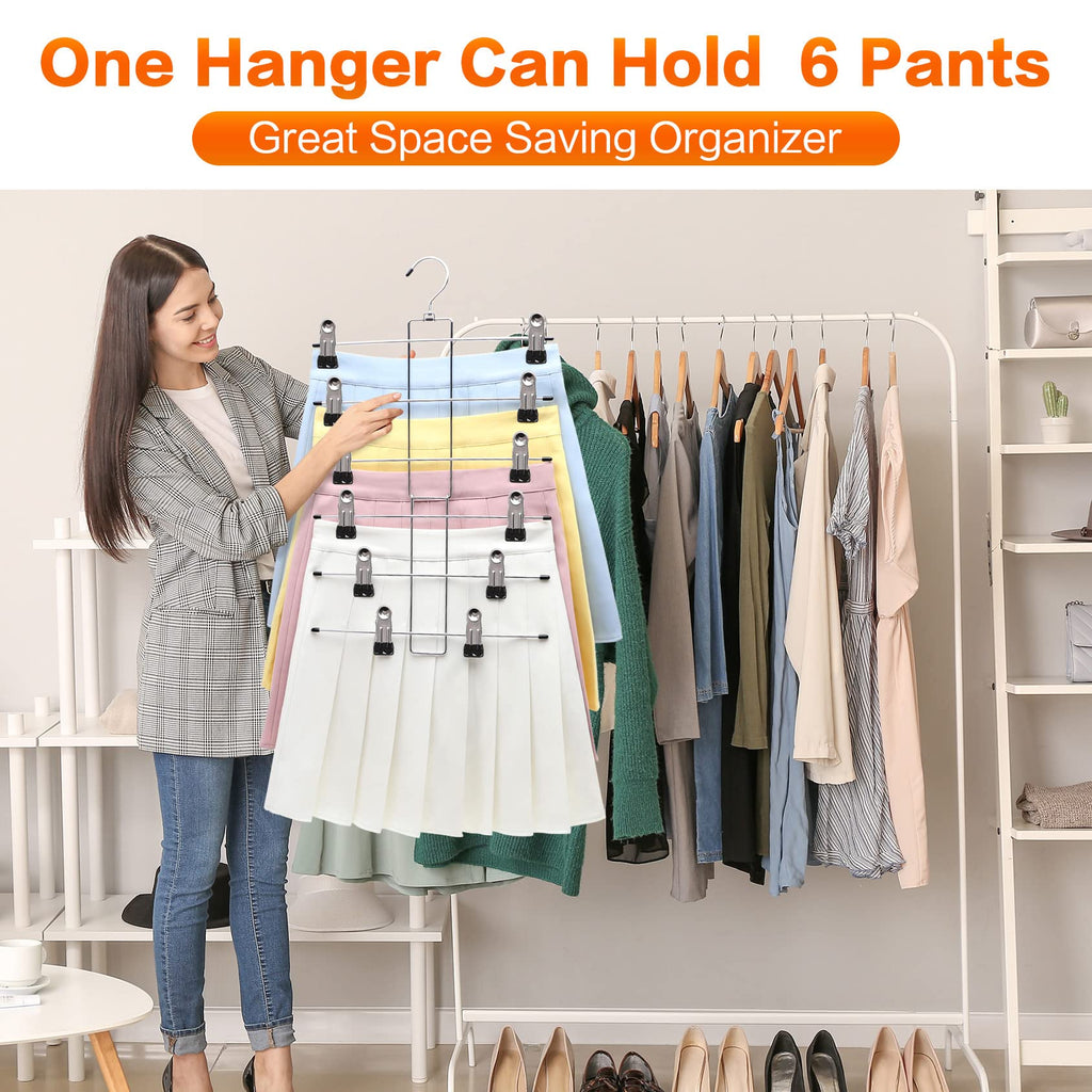 Closet Organizers and Storage, 6 Tier Storage and Organization Pants Hangers Space Saving, Metal Skirt Hangers with Adjustable Clip, 360° Swivel Hook, Dorm Room Essentials for College Students Girls