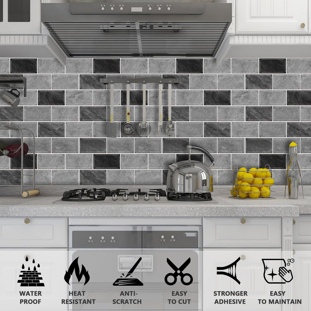 URCOLOR 10-Sheet Back Splashes for Kitchens Peel and Stick,12"x12" Self Adhesive Subway Wall Tiles Stick on backsplash Tiles for Bathroom Black Marble