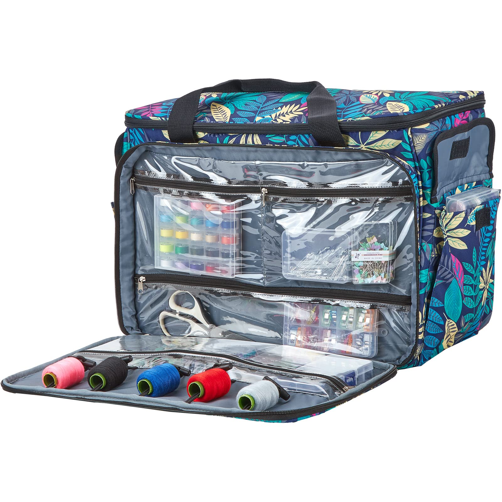 HOMEST Sewing Machine Carry Case, with Shoulder Strap and Front Pocket | Fits most standard Singer, Brother and Janome machines, with storage pockets for sewing accessories and tools, Floral
