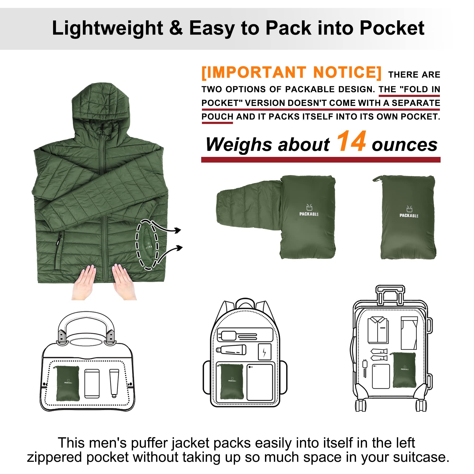 Outdoor Ventures Men's Lightweight Packable Hooded Puffer Jacket Insulated Winter Coat for Snow Ski Traveling