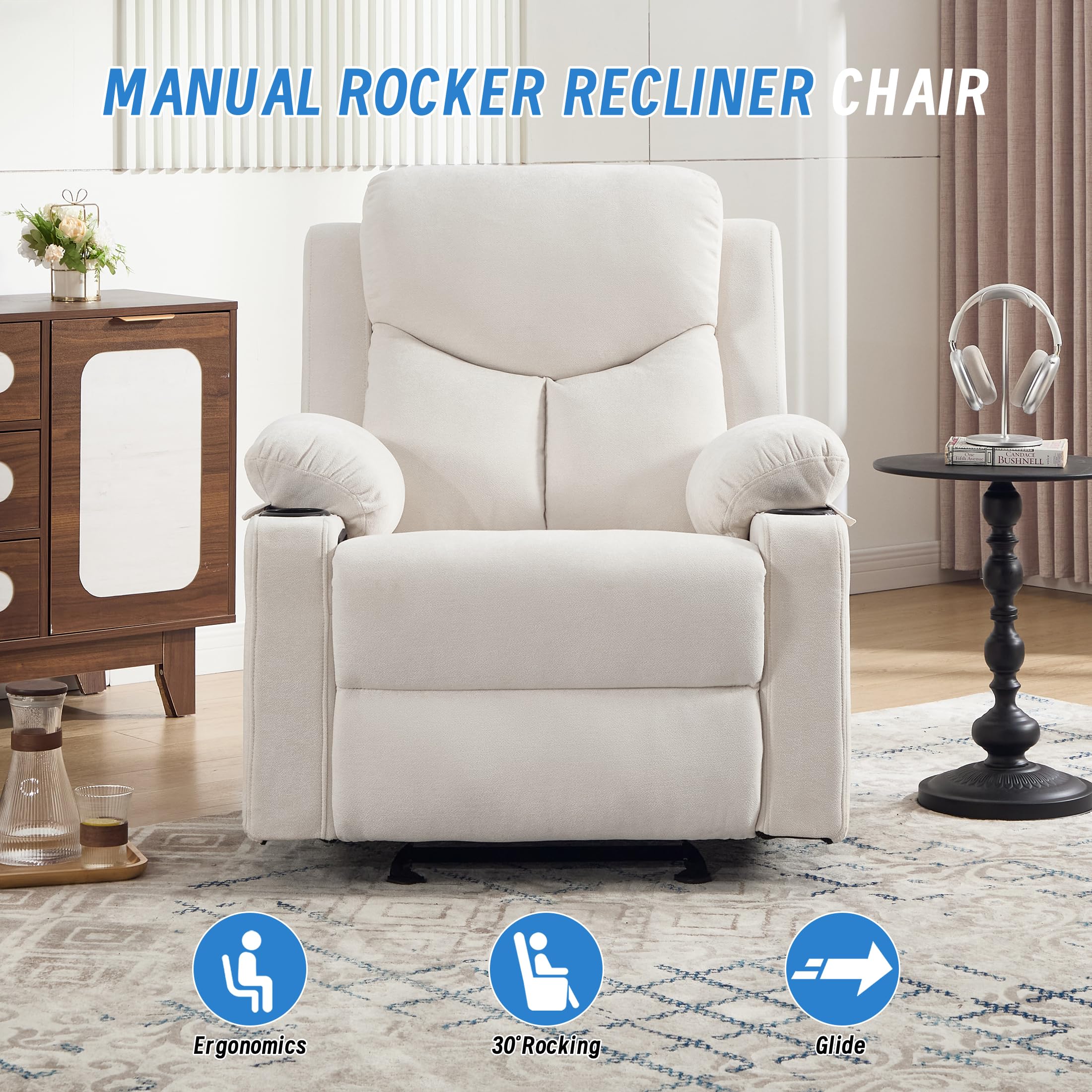 Manual Rocker Recliner Chair for Adults with Massage, Overstuffed Glider Rocking Chair with Cup Holders and Pockets for Living Room, Reclining Sofa Chair for Bedroom Nursery,Beige