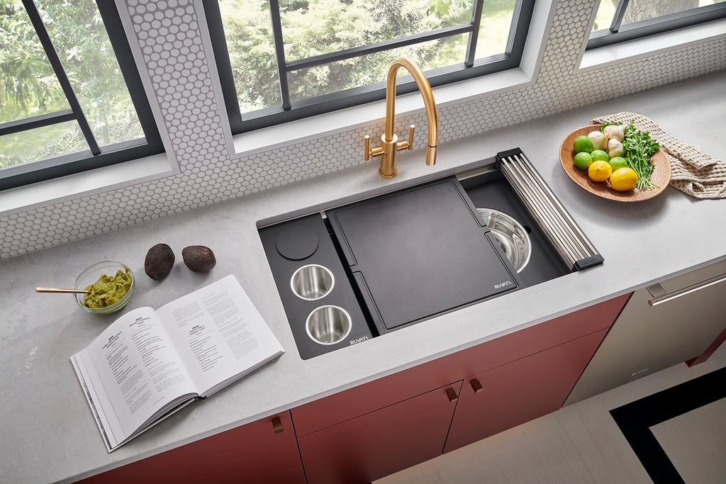 Ruvati 33-inch Workstation Kitchen Sink - Dual Tier Double Bowl Kitchen Sink - Low Divide Undermount Sinks - 16 Gauge Stainless Steel Kitchens Sinks - RVH8255