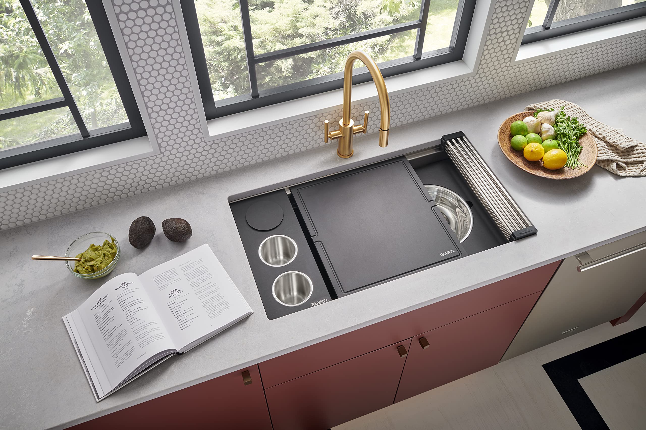 Ruvati 33-inch Workstation Kitchen Sink - Dual Tier Double Bowl Kitchen Sink - Low Divide Undermount Sinks - 16 Gauge Stainless Steel Kitchens Sinks - RVH8255