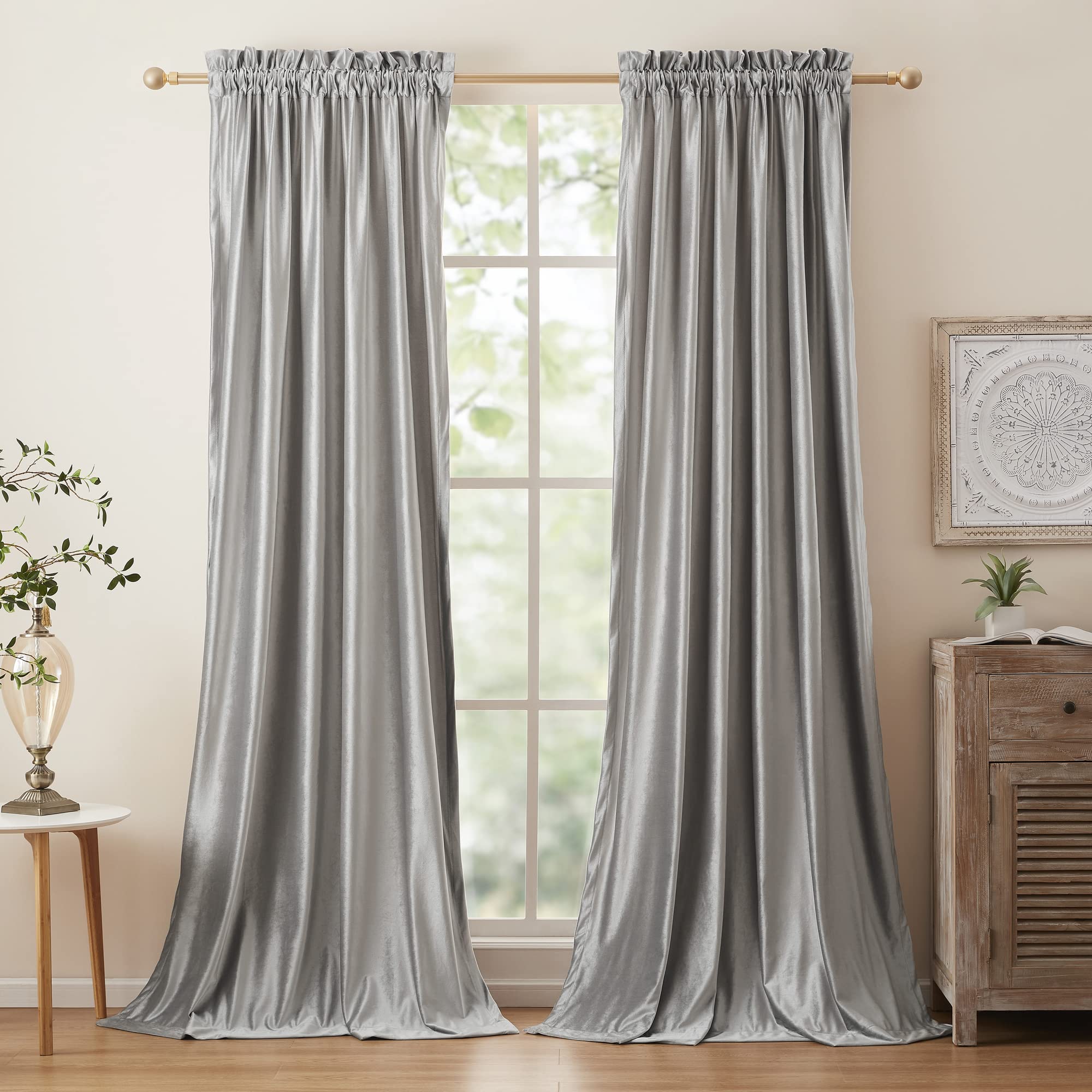 Champagne Beige Velvet Curtains 63 inches for Living Room Luxury Room Darkening Curtain Elegant Bedroom Thermal Insulated Modern Heavy Thick Soft Soundproof Rod Pocket Window Drapes Set of 2 Panels