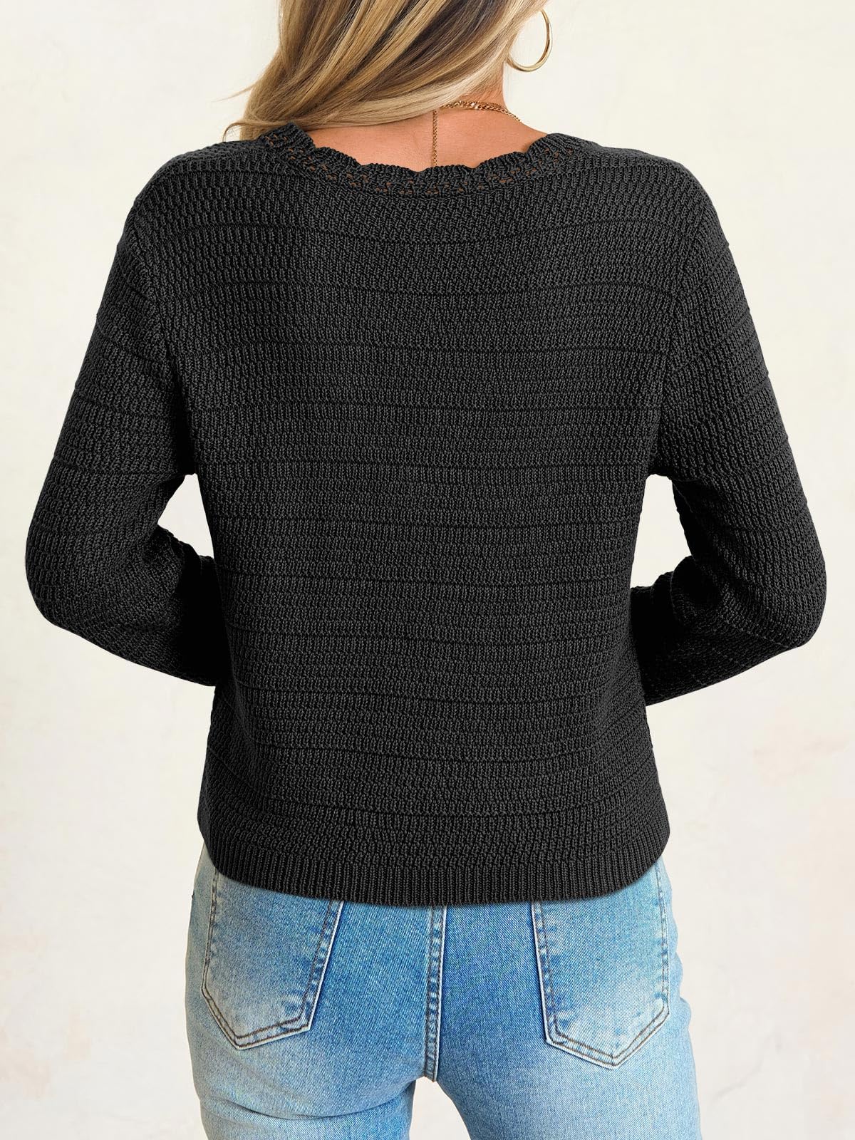 Saodimallsu Womens V Neck Cardigan Sweaters Button Up Cropped Boho Knit Long Sleeve Loose Trendy Sweater Tops