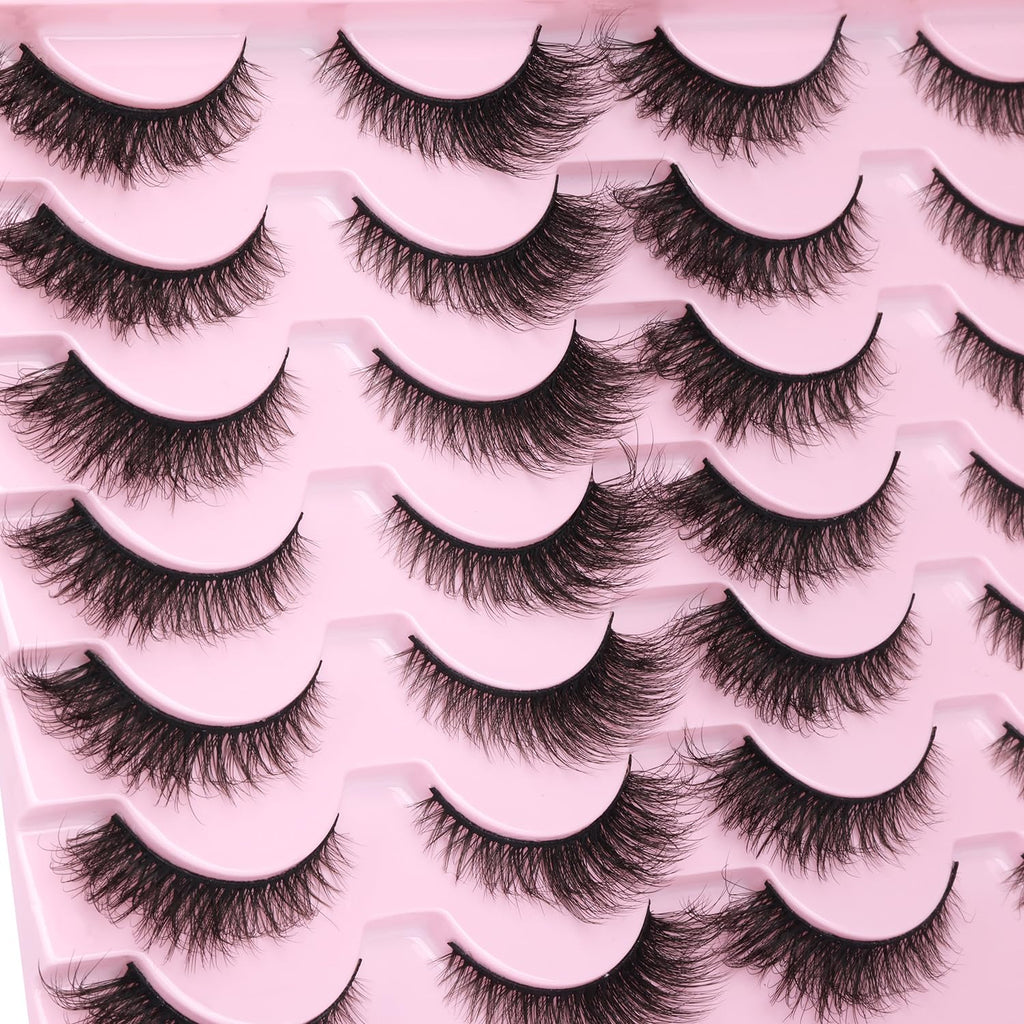 False Lashes Natural Look Wispy Eyelashes Manga Korean Spiky 16mm Short Faux Mink Eyelashes Cat Eye Natural Fake Eyelashes Strip Lashes Pack 14 Pairs