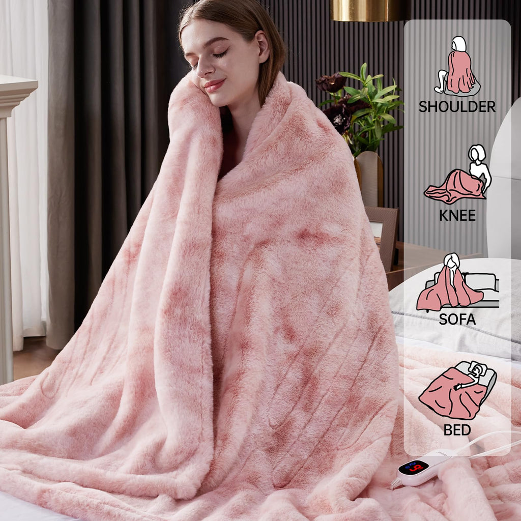 Guohaoi Heated Blanket Electric Throw, Soft Faux Rabbit Fur Electric Blanket with 10 Heating Levels 5 Sitting Timer Auto Off, Cozy Warm Heating Blankets, Machine Washable(50"×60" Beige)