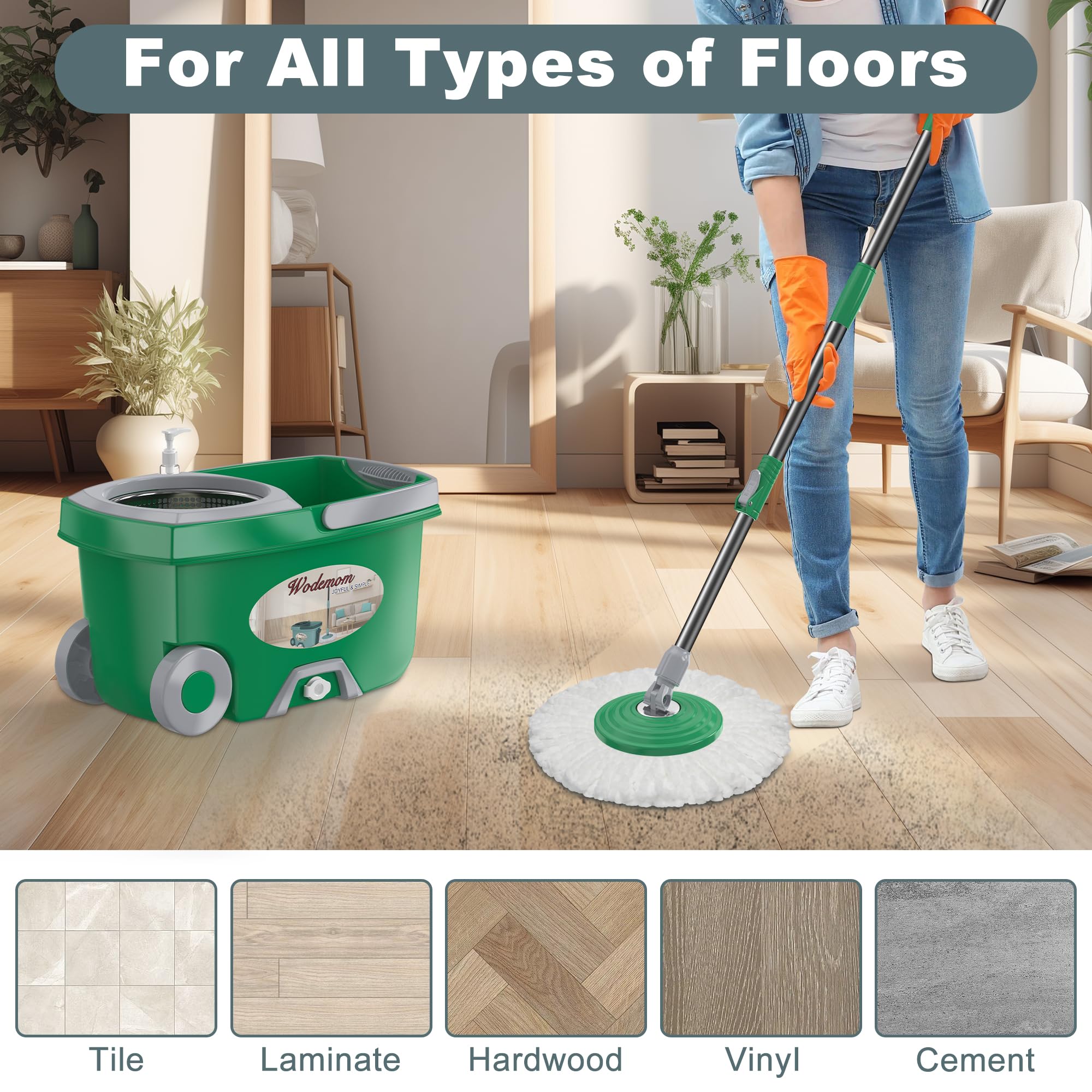 Dual Compartment Spin Mop and Bucket, Mop and Bucket with Wringer Set,360°Rotating Spinning Mopping for Floor Cleaning with 6 Microfiber Replacement Heads, 61" Extended Handle, 2X Wheel - Deep Green