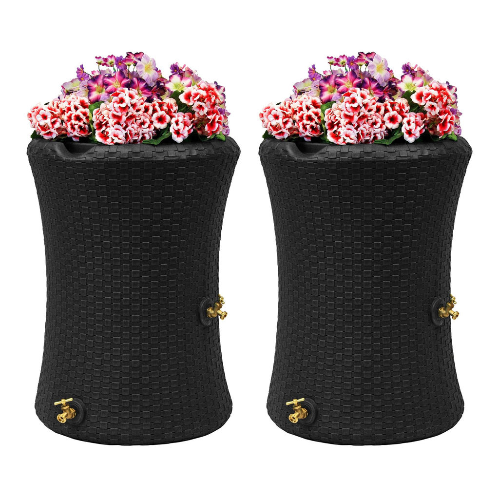 Good Ideas Impressions 50 Gallon Nantucket Outdoor Home Rain Barrel Water Storage Collector with Garden Planter and Brass Spigot, Black (2 Pack)