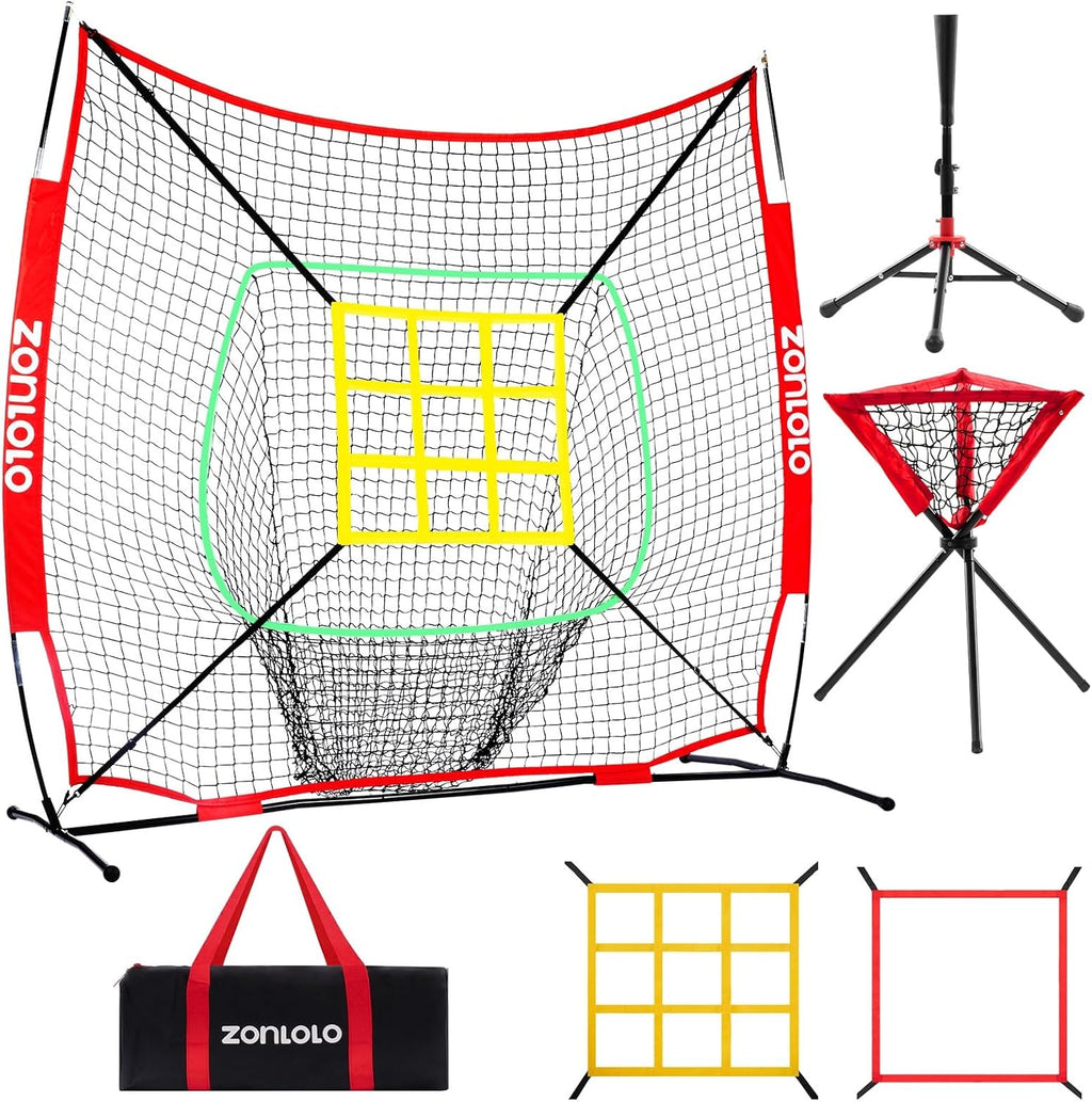 ZONLOLO 6x6ft Portable Baseball & Softball Net for Hitting，Pitching and Throwing, with Sturdy Bow Frame,Battting Tee,Ball Caddy and 2 Strike Zones, Perfect Pitching net for Kids!