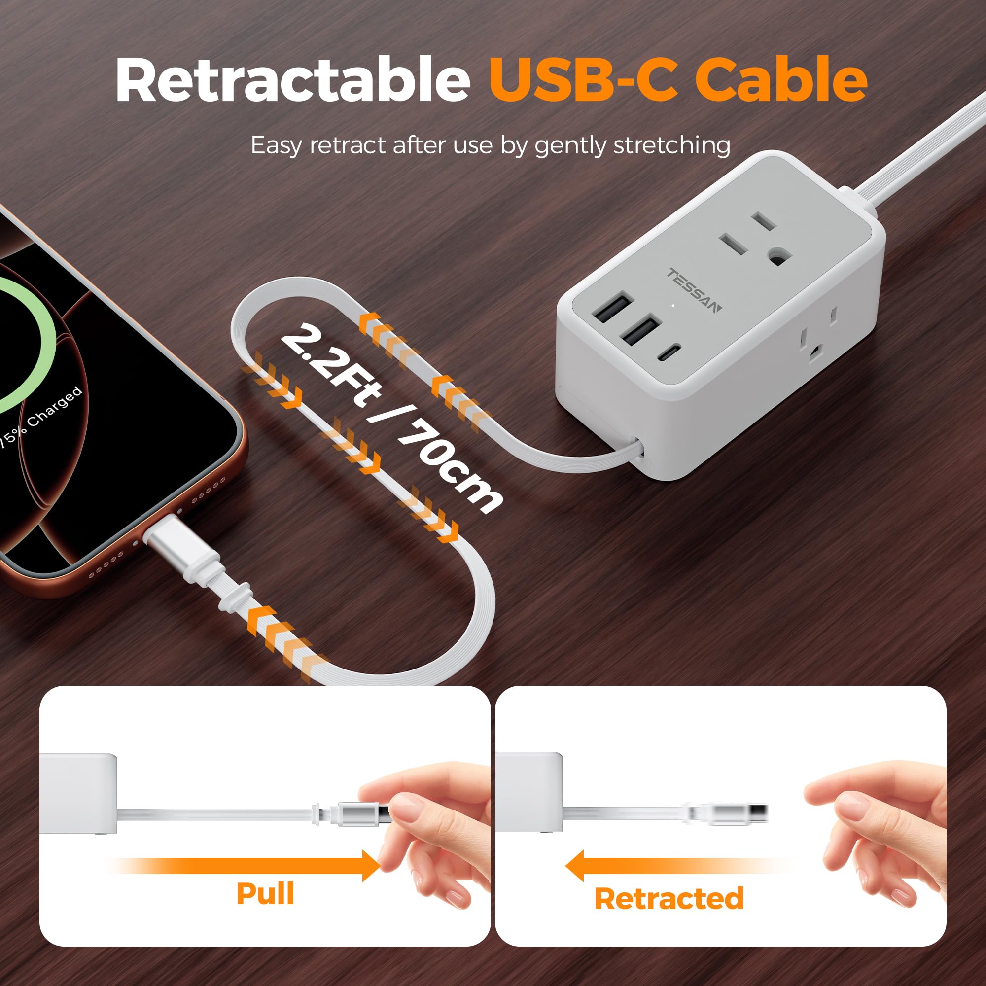 TESSAN Small Flat Plug Power Strip, Ultra Thin Extension Cord 5 ft, 3 AC Outlets with 3 USB Ports (1 USB C), Multiple Wall Outlet Extender for Cruise Travel Office School Dorm Room Essentials, Black