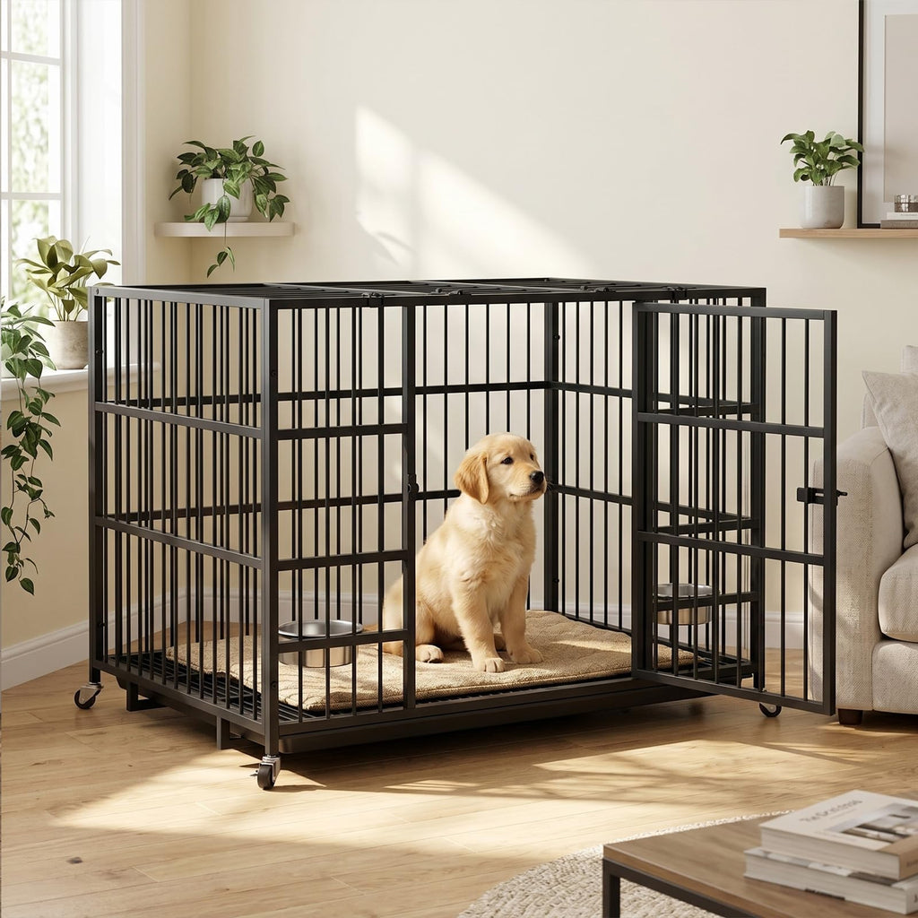 Dosker 42 inch Heavy Duty Metal Dog Crate with Divider for 2 Dogs/Large Dog, All Metal Open Top Escape Proof Cage, Indoor Dog Kennel with Wheels, Floor Grid, Tray, Feeding Bowl