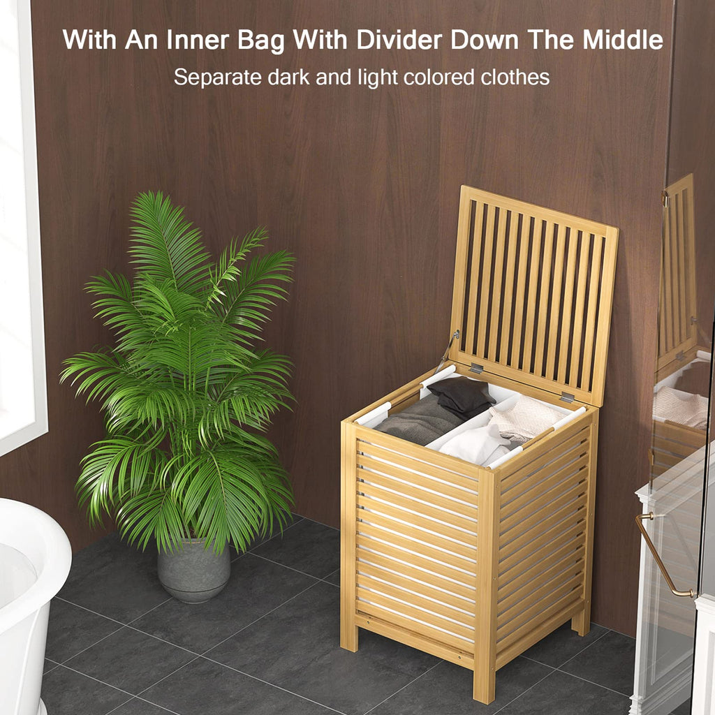 Homykic Bamboo Laundry Hamper with Lid, 120L Large Clothes Laundry Sorter with Removable 2-Section Liner Bag, Raised Laundry Basket Organizer for Clothing, Bathroom, Bedroom, Laundry Room, Black