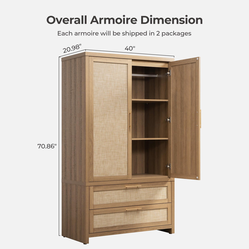 SICOTAS Rattan Armoire Wardrobe Closet Cabinet, 71" Wardrobe Storage Cabinet with Doors, 2 Drawers and Hanging Rod, Boho Large-Capacity Deep Armoire Clothes Organizer for Bedroom, Black Oak