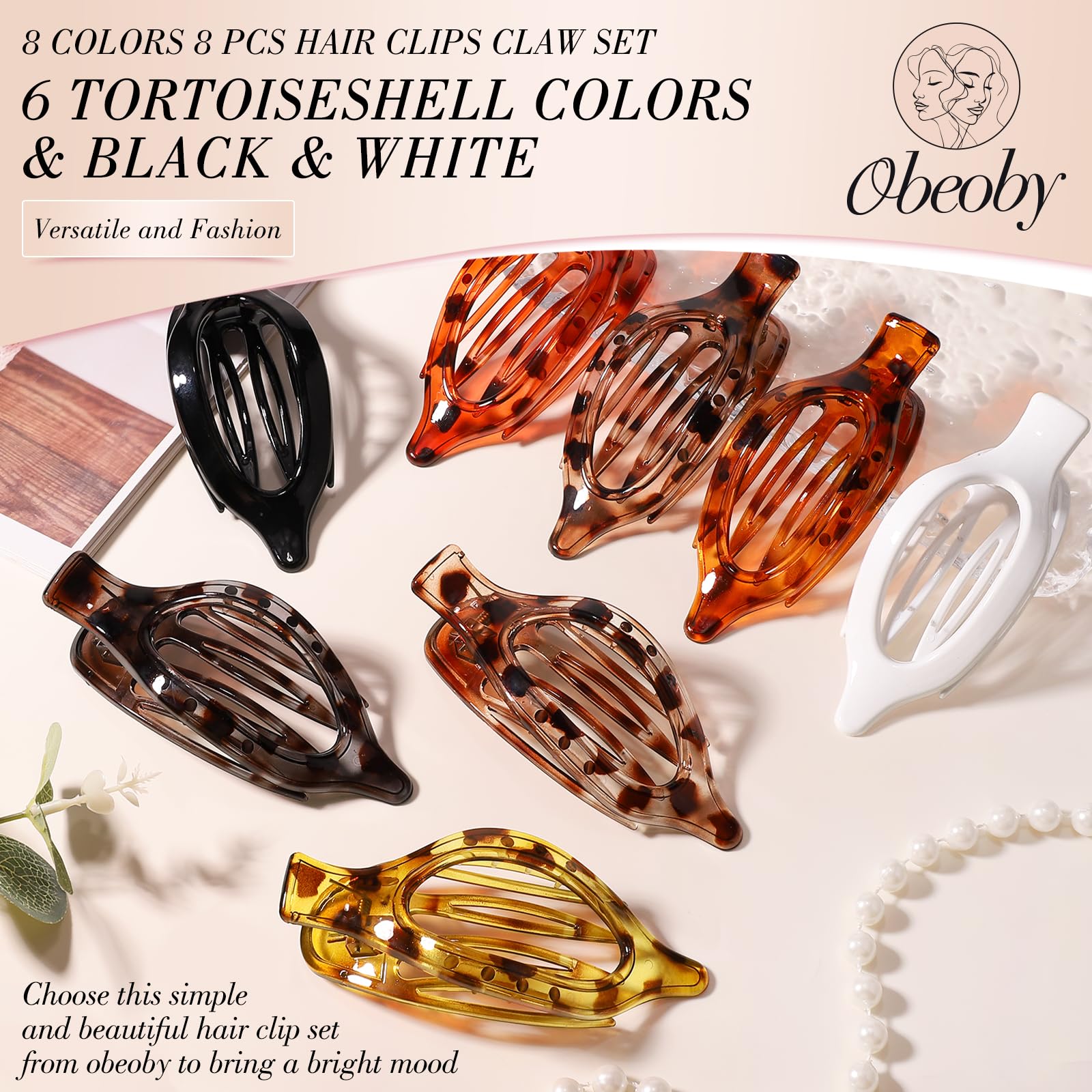 Obeoby 8 Pcs Flat Claw Clips for Women, Strong Hold French Flat Hair Clips for Thick Thin Hair Barrettes Accessories Round Large Medium (Tortoiseshell)
