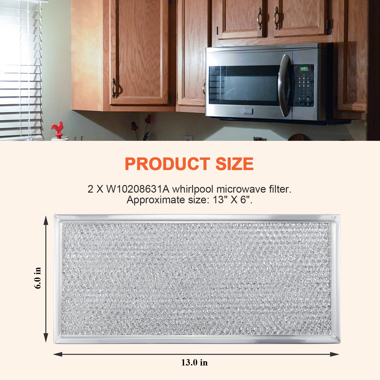 2026 Upgraded W10208631A Microwaves Grease Filter Approx. 13" x 6" by Beaquicy - Replacement for Whirlpool GE Microwaves - Pack of 2