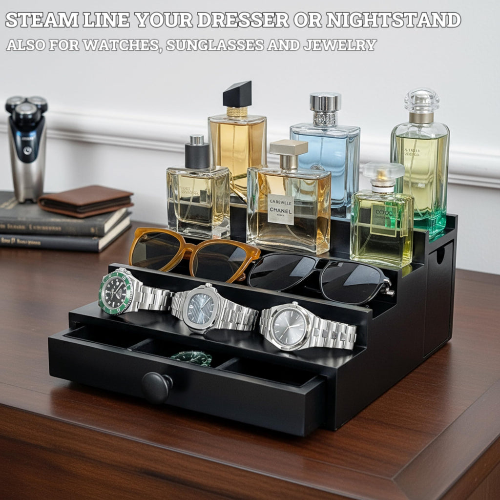 Wooden Cologne Organizer for Men 3 Tier | Black Perfume Holder Shelf for Dresser | High Grade Velvet Lining and Stylish Gift Box | Uncluttered Design Perfume Display Stand